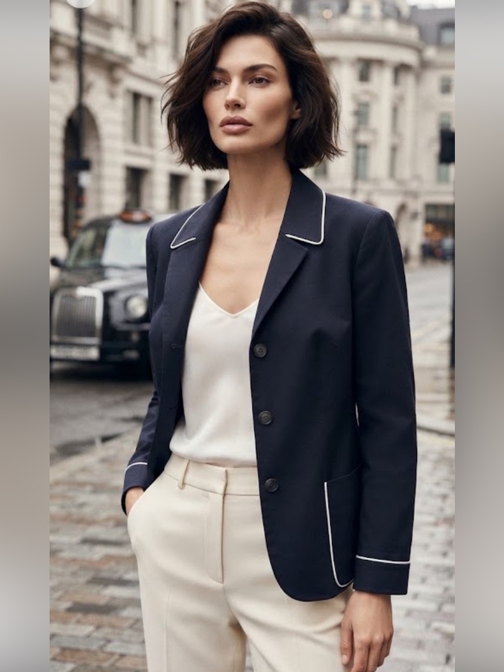 NWT Vintage Ann Klein Cotton Navy Blue Blazer White Trim
